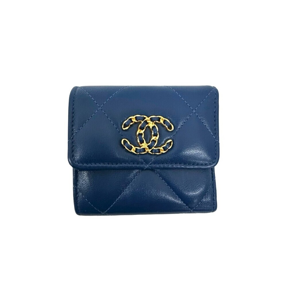 CHANEL Blue Lambskin Leather Logo Wallet